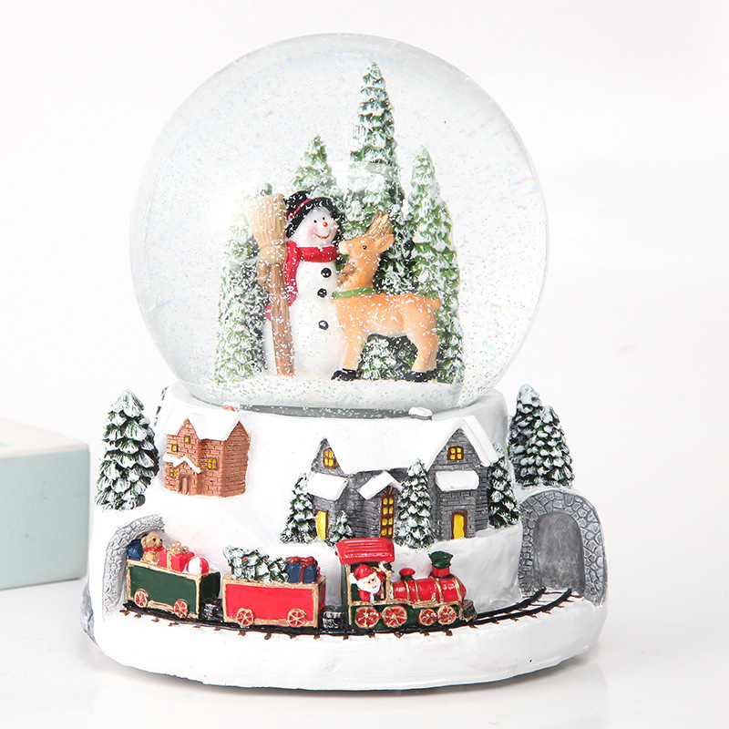 custom 100MM snow globes wholesale Train circling Christmas snowman and Santa Claus snow globe ornament gift