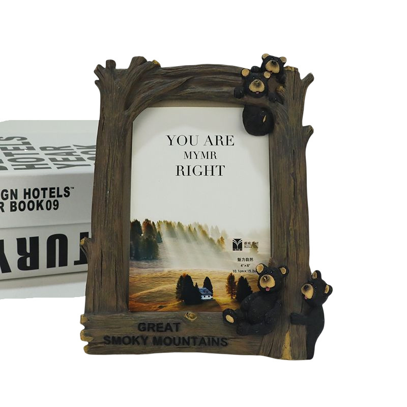 Custom bear resin statue photo frame square shaped home decoration for photo display