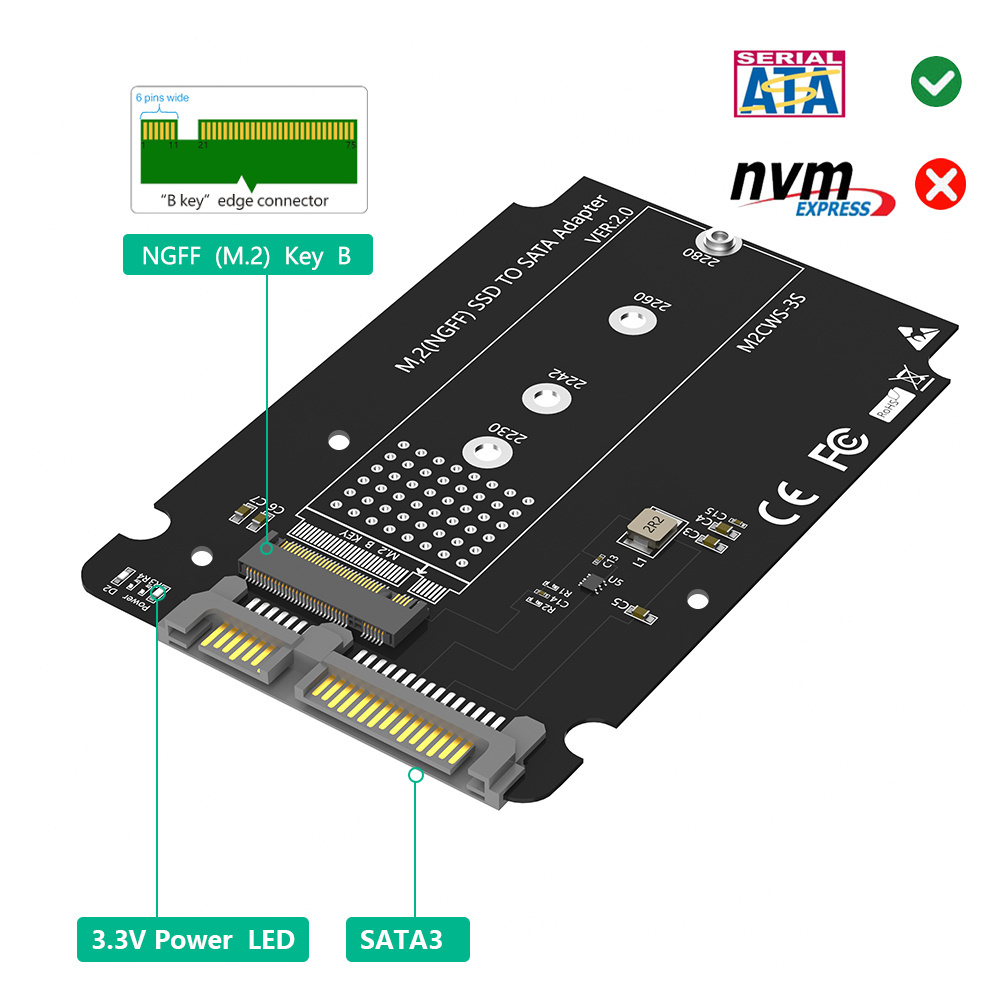 M.2 Adapter to 2.5 SATA Enclosure, B & M Key  Based NGFF Converter to 2.5 Inch  3.0 Card Support  Hard Drive with  Case