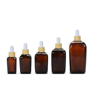 OEM size free sample Square 30ml Amber Essential Oil Bottle Glass Dropper bottle with bamboo dropper pipette