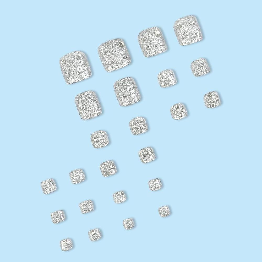 Wholesale Artificial Nails 24 Pieces Crystal Silver Ash Rhinestones Short Square Toe Nails