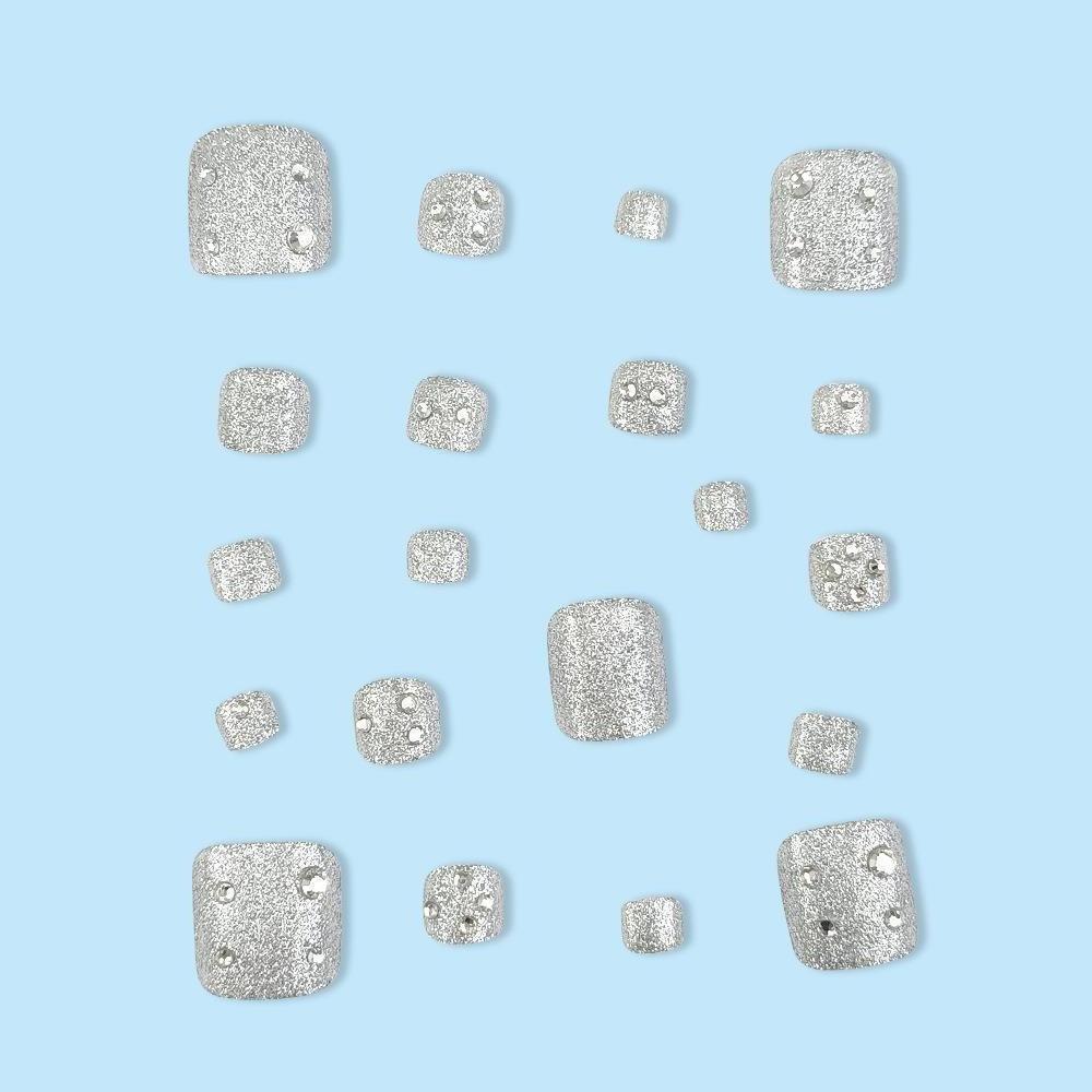 Wholesale Artificial Nails 24 Pieces Crystal Silver Ash Rhinestones Short Square Toe Nails