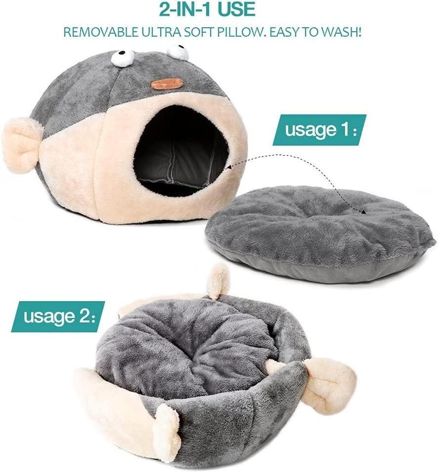 Cat Bed Cave with Removable Washable Cushioned Pillow, Soft Plush Premium Cotton No Deformation Pet Bed, Cat House Design, Grey