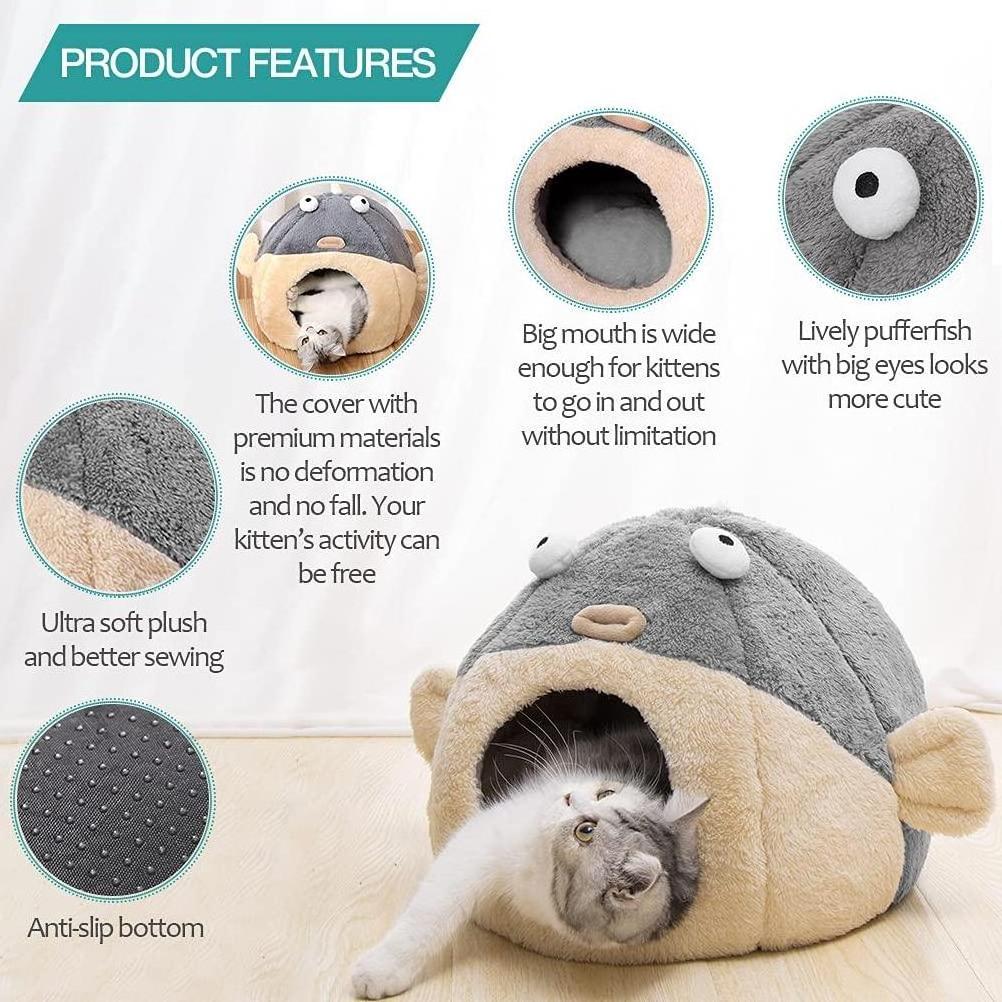 Cat Bed Cave with Removable Washable Cushioned Pillow, Soft Plush Premium Cotton No Deformation Pet Bed, Cat House Design, Grey