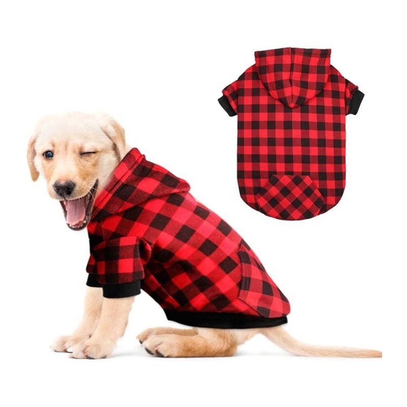 Red Plaid Dog Hoodie Sweater for Dogs Pet Clothes with Hat and Pocket(S(