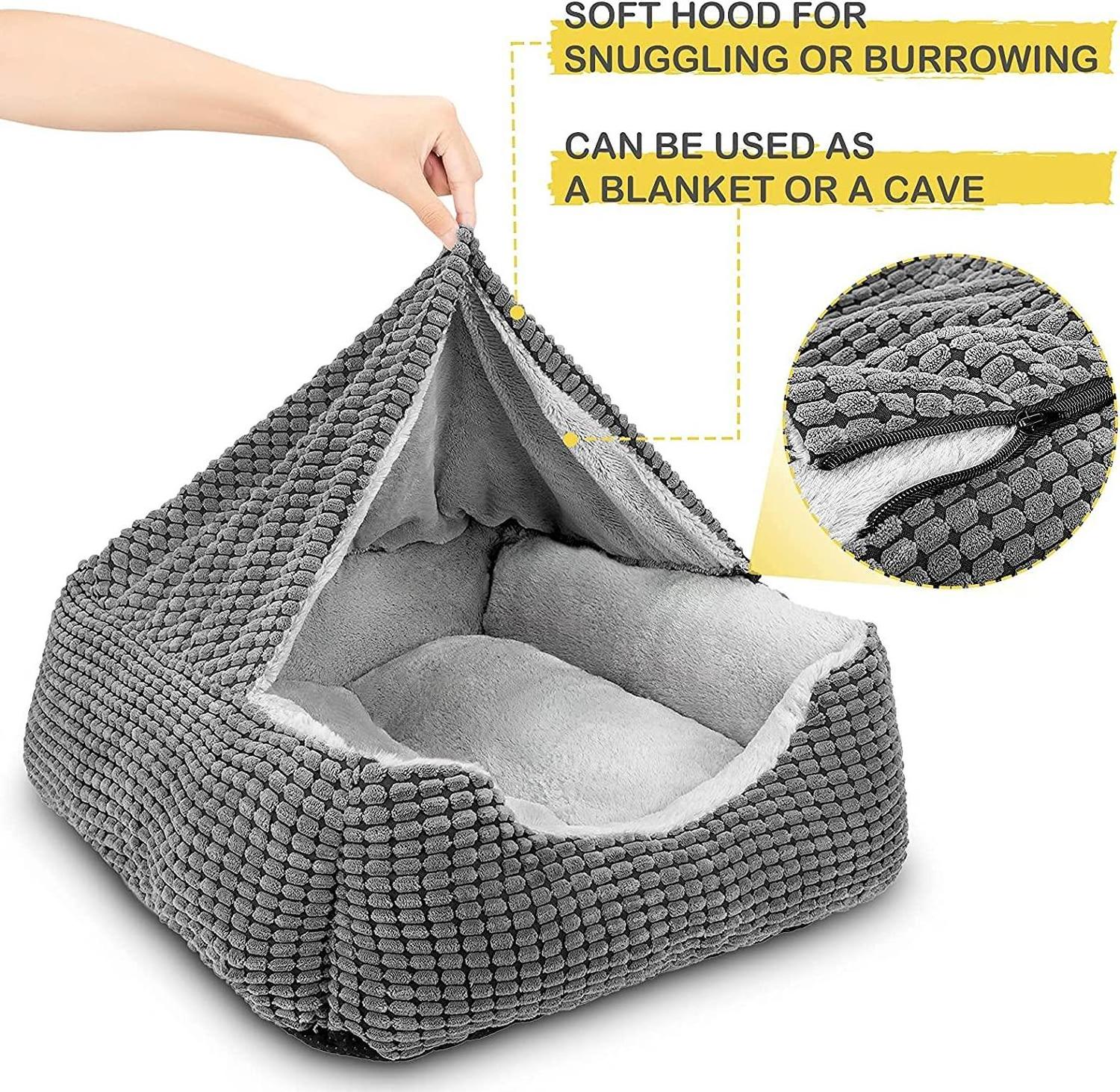 Dog Beds for Rectangle Cave Hooded Blanket Puppy Bed, Luxury Cat Beds for Warmth and Machine Washable (20 inches, Grey)