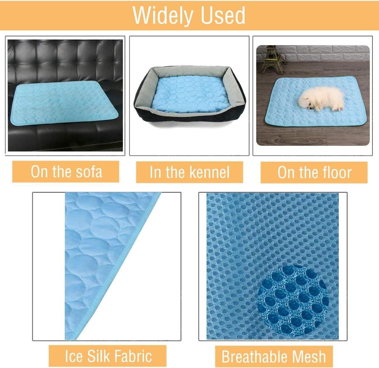 Pet Cooling Mat Dog Ice Silk Pad Washable Sleeping Bed for Cats Dogs Kennel Sofa Bed Floor Travel Car Seats (Blue + Grey) (L)