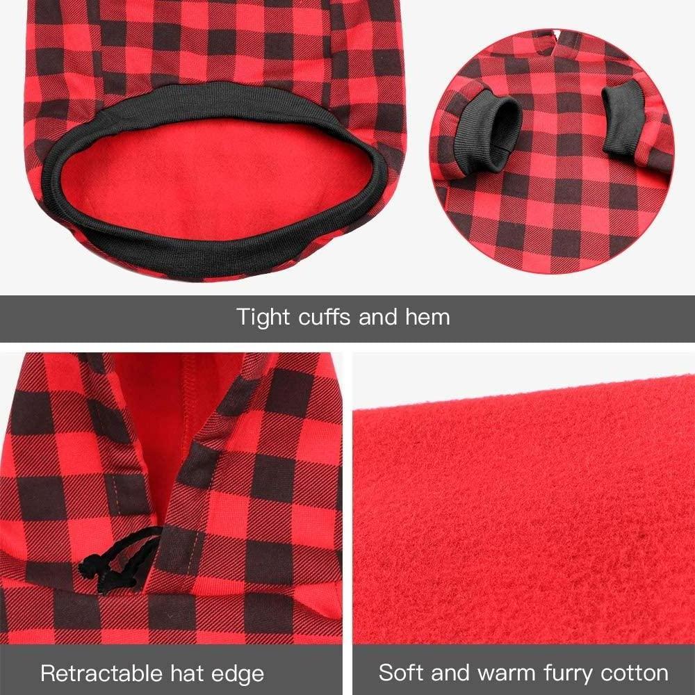 Red Plaid Dog Hoodie Sweater for Dogs Pet Clothes with Hat and Pocket(S(