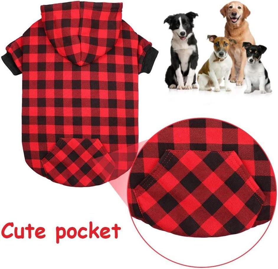 Red Plaid Dog Hoodie Sweater for Dogs Pet Clothes with Hat and Pocket(S(