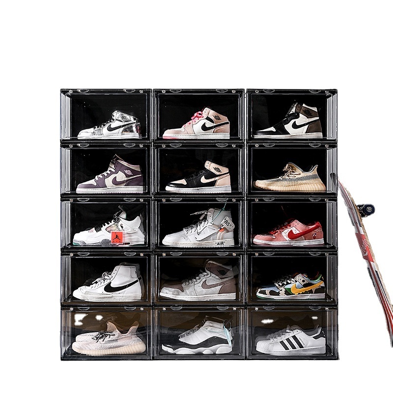 New product high permeability side door acrylic plastic anti oxidation clear shoe box display racks