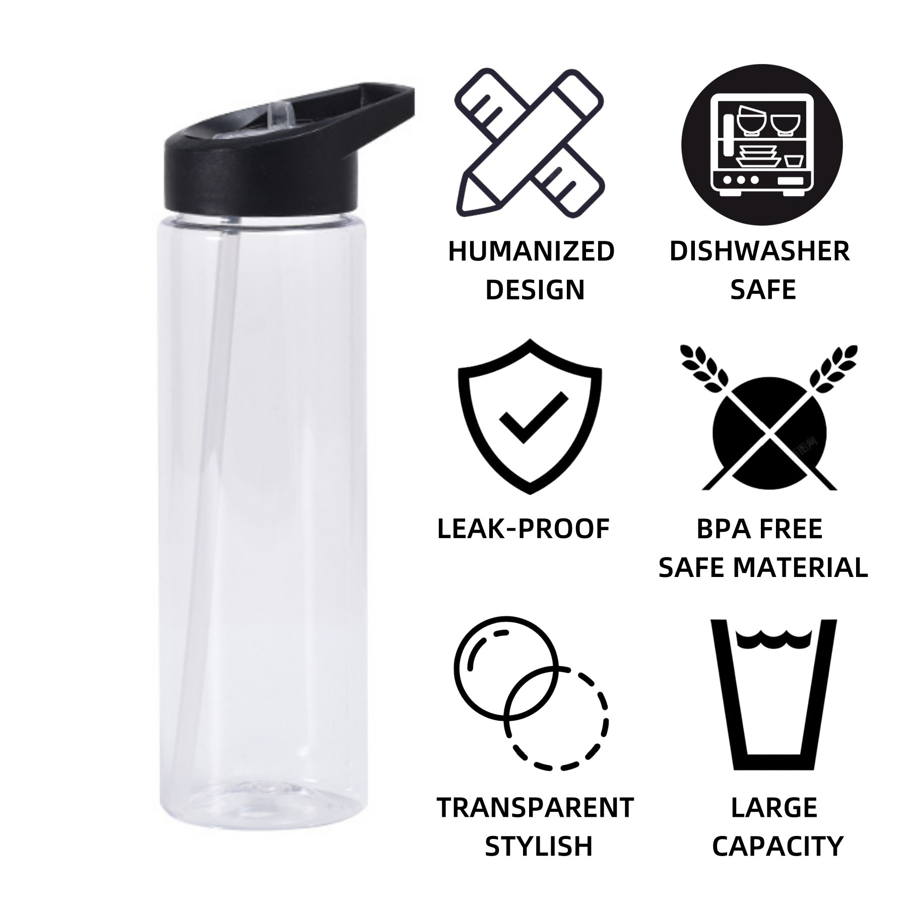 sports water bottles custom logo 23oz plastic juice bottles with Folding pipette crystal clear cheap Wide mouth water bottle