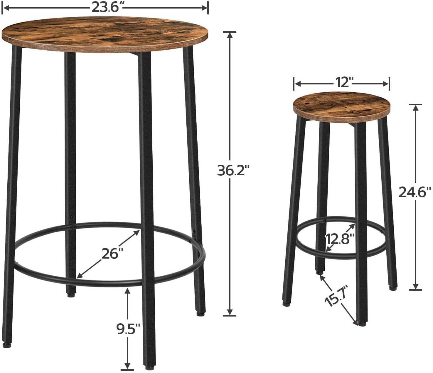 High Industrial Bar Dining Table Set  Tall Counter Height Bar Table with Two Bar Stools and Foot Pads