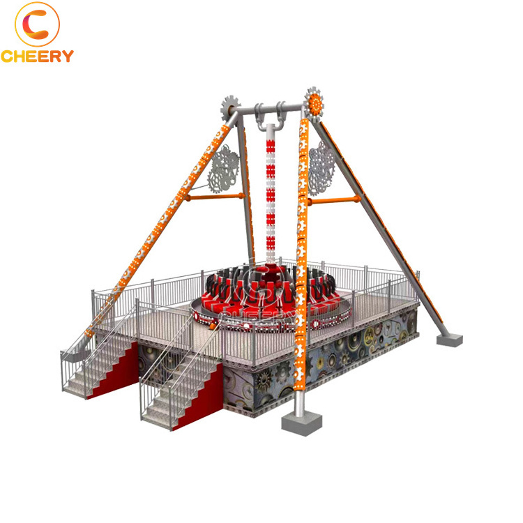 Fairground outdoor amusement park thrilling rides space UFO giant frisbee hammer big swing pendulum