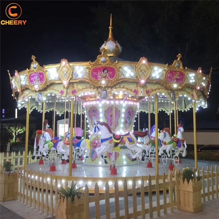 Trailer mounted kids amusement rides foldable simple 12/16 seats carousel mobile fiberglass carousel horses for sale