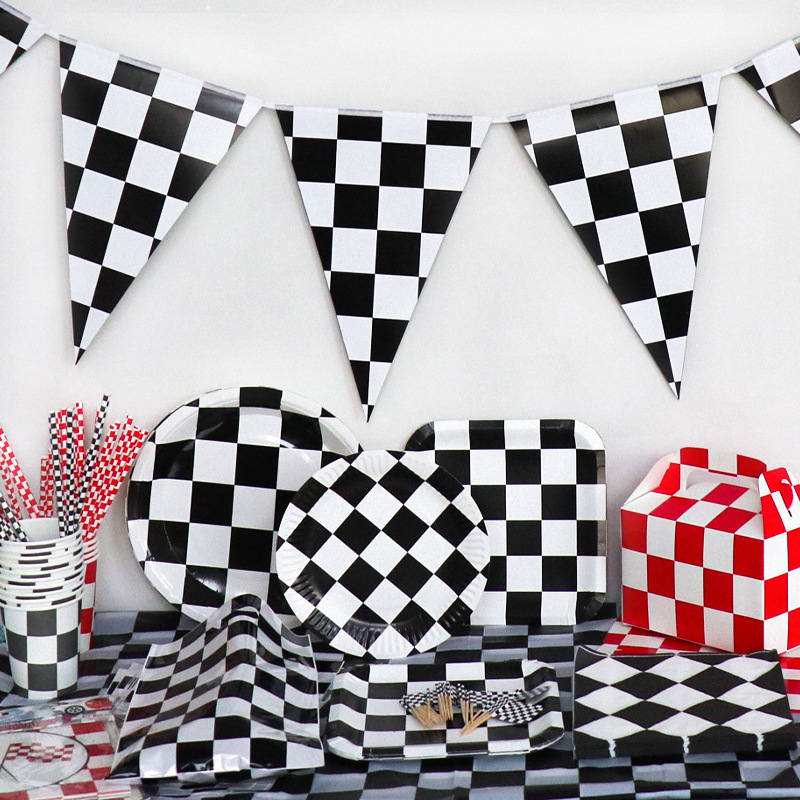 Festival party supplies black white checkered red white birthday disposable cups plates party decorative tableware