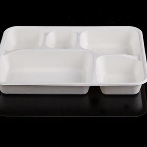 Disposable 5 compartments sugarcane pulp plates Tray Food Container with lids