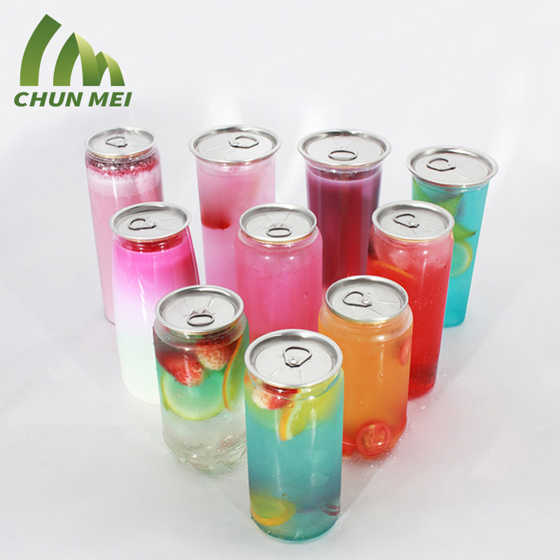 custom PET 350ml 450ml 550ml clear plastic cans for milk tea or juice with aluminum easy open lid