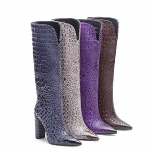 Hot Selling Fashion Women'S Crocodile Skin Knee High Heels Boots Elegant Shoes Slim Ladies Boots for Women