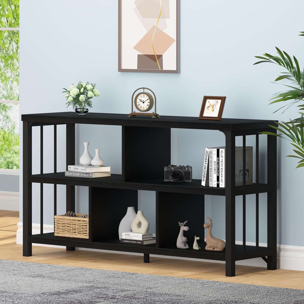 Low Open  for Office Living Room, Modern Short Width 5 Cube Storage Organizer for Book Display Bedroom,  Shelf Bookcase