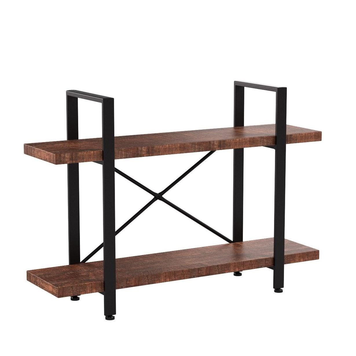 Natural Solid Wood , 3-Tier Rustic Retro Industrial  , Open Metal Farmhouse Solid Wood Bookshelf, Distressed Brown, Bookcase