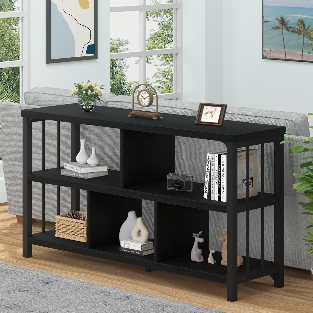 Low Open  for Office Living Room, Modern Short Width 5 Cube Storage Organizer for Book Display Bedroom,  Shelf Bookcase