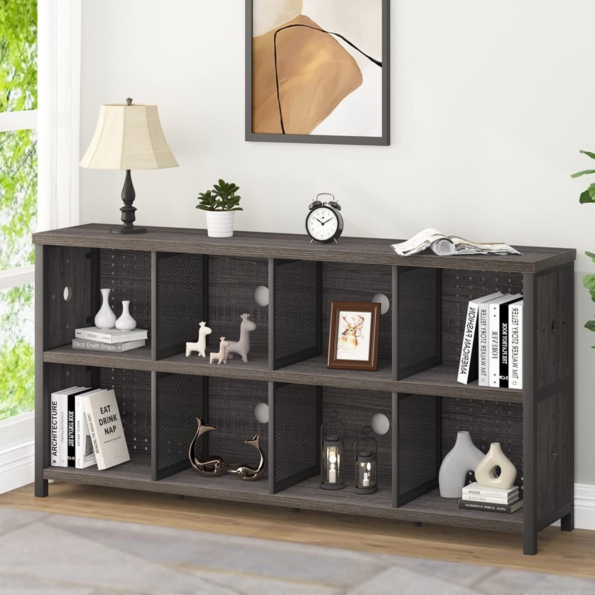 Cube, Modern Bedroom Living Room, Rustic Low Length Wooden Metal Office Cube Shelf,   Storage Bookcase,Wide Bookshelf