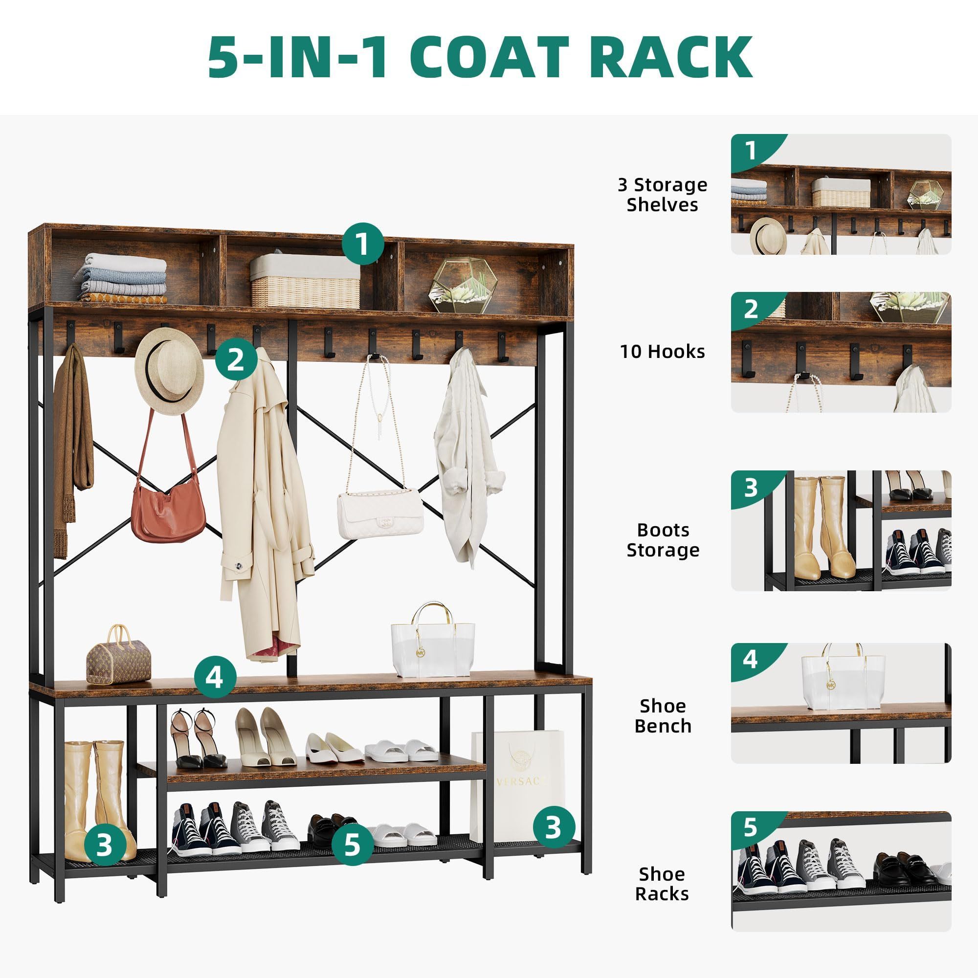 Without Drawer, Industrial 5 In 1 Bench with Storage Shoe Rack Freestanding Home Organizer  Entryway Hall Tree Coat Rack