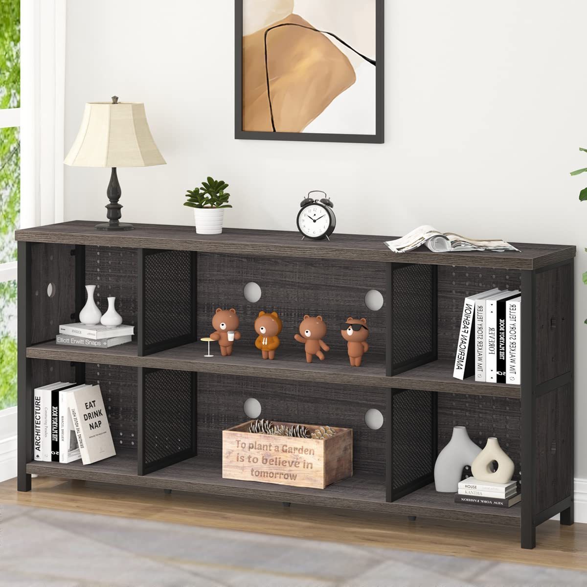 Cube, Modern Bedroom Living Room, Rustic Low Length Wooden Metal Office Cube Shelf,   Storage Bookcase,Wide Bookshelf