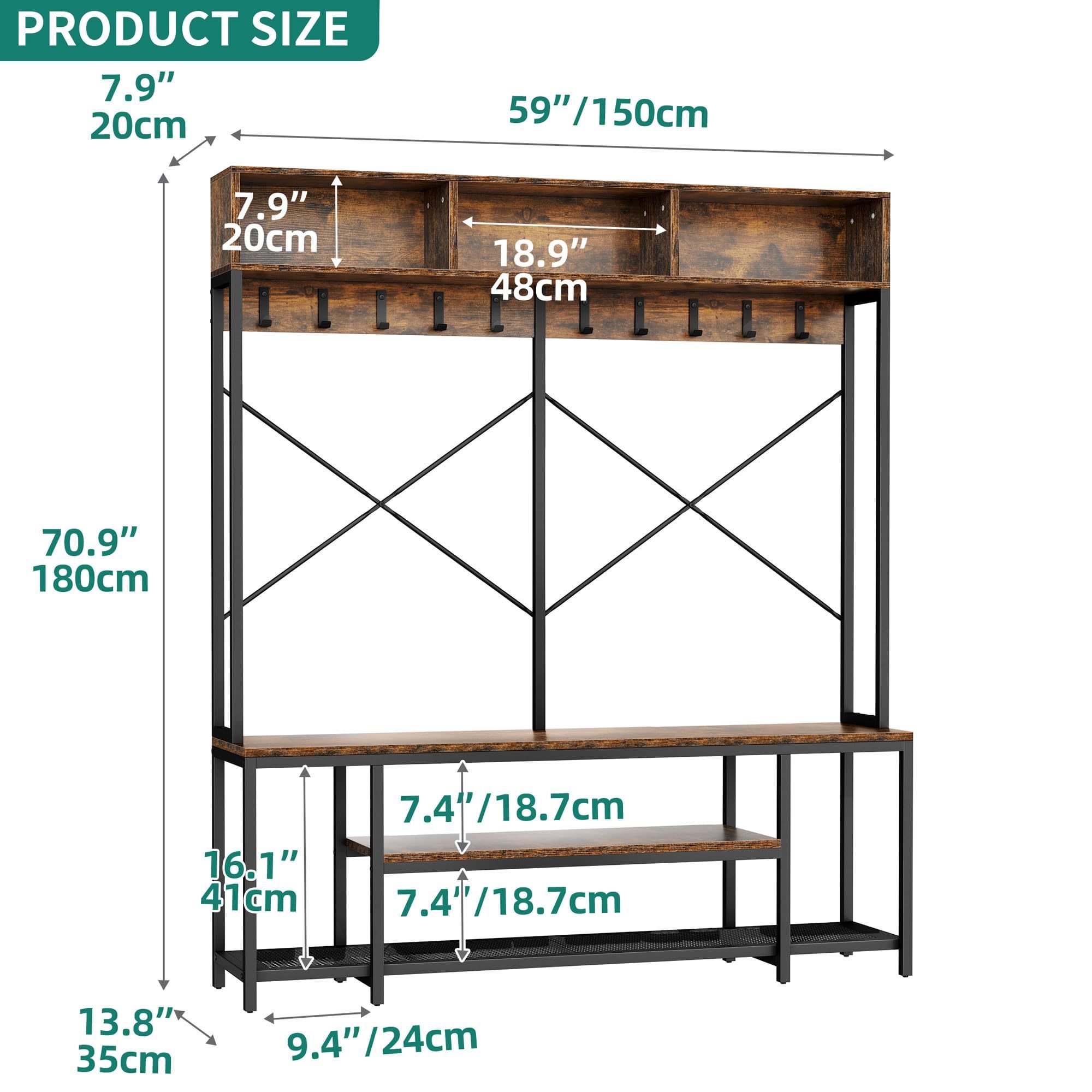 Without Drawer, Industrial 5 In 1 Bench with Storage Shoe Rack Freestanding Home Organizer  Entryway Hall Tree Coat Rack