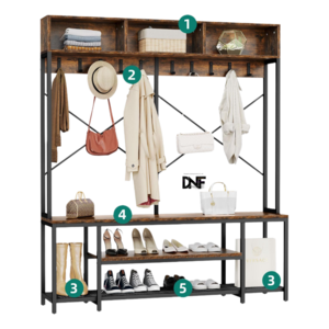 Without Drawer, Industrial 5 In 1 Bench with Storage Shoe Rack Freestanding Home Organizer  Entryway Hall Tree Coat Rack