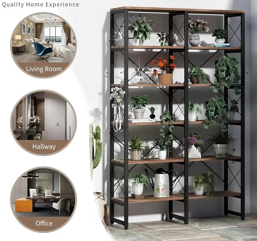 Double Wide 6-Tier Bookcase Industrial Bookshelf with Metal Frame Open Large Book Shelf Rustic Brown