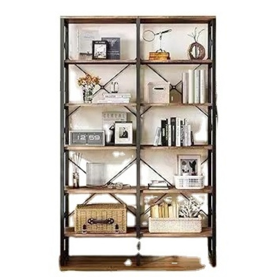 Double Wide 6-Tier Bookcase Industrial Bookshelf with Metal Frame Open Large Book Shelf Rustic Brown