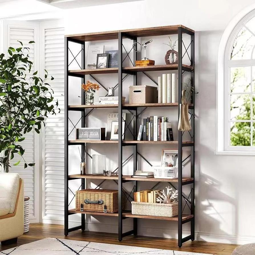 Double Wide 6-Tier Bookcase Industrial Bookshelf with Metal Frame Open Large Book Shelf Rustic Brown