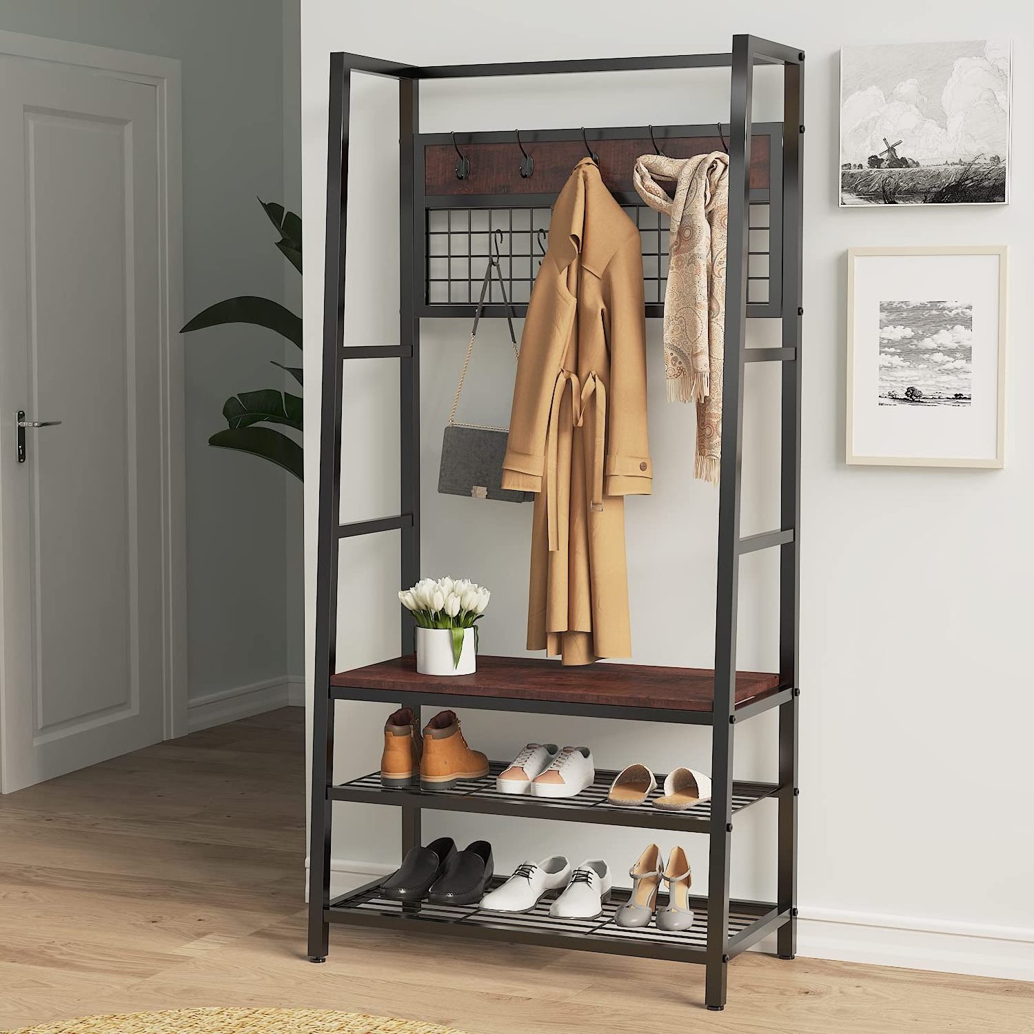 Rustic Entryway Hall Tree with Shoe Bench 4-in-1 Large Coat Rack with Grid Panel and Movable Hooks Heavy-Duty Metal Frame