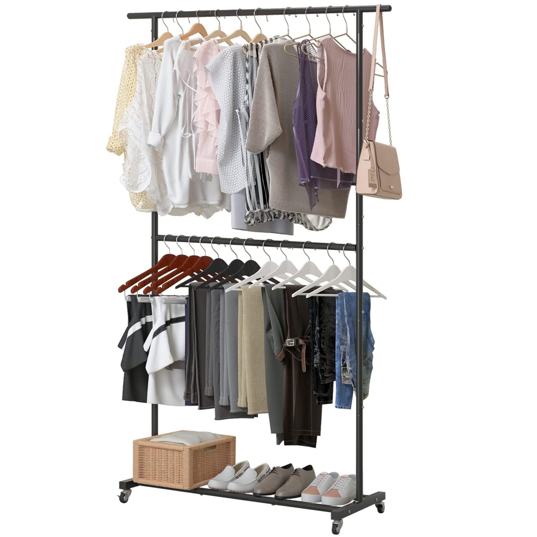 Double Rod Clothing Garment Rack Rolling Clothes Organizer on Wheels for Hanging Clothes Clothing Rack for Hanging Clothes