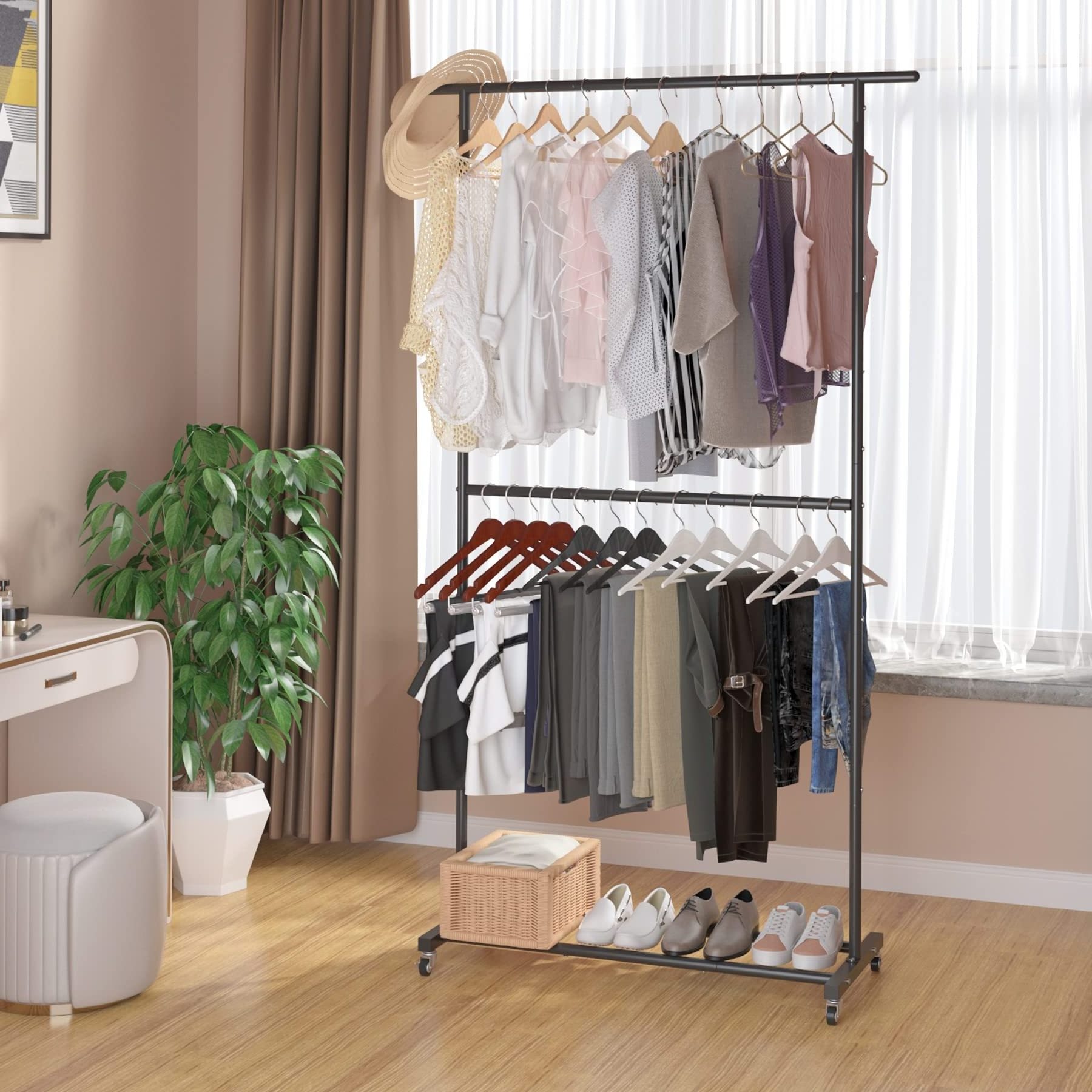 Double Rod Clothing Garment Rack Rolling Clothes Organizer on Wheels for Hanging Clothes Clothing Rack for Hanging Clothes