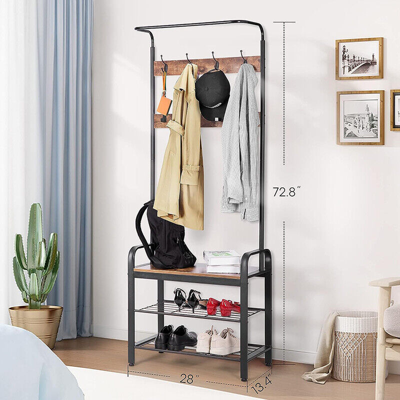 Industrial Hall Tree Shoe Bench Entryway Home Storage Shelf Entryway Storage Shelf with Hooks  Coat Rack Shoe Bench