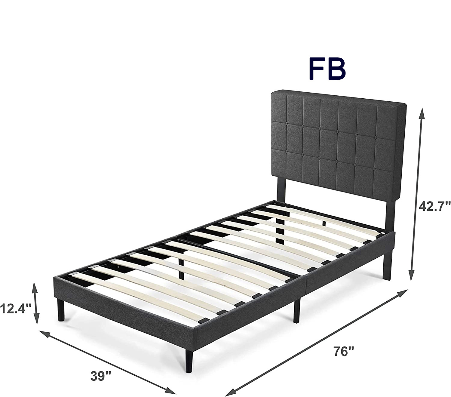 Twin Bed with Upholstered Headboard, Platform Bed Frame with Sturdy Wood Slat Support, Single Bed