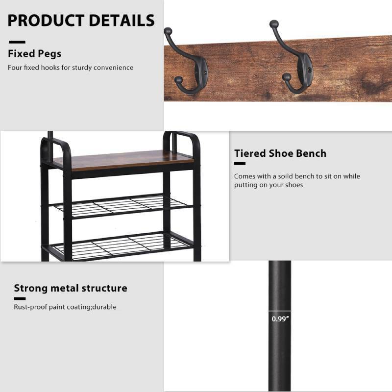 Industrial Hall Tree Shoe Bench Entryway Home Storage Shelf Entryway Storage Shelf with Hooks  Coat Rack Shoe Bench