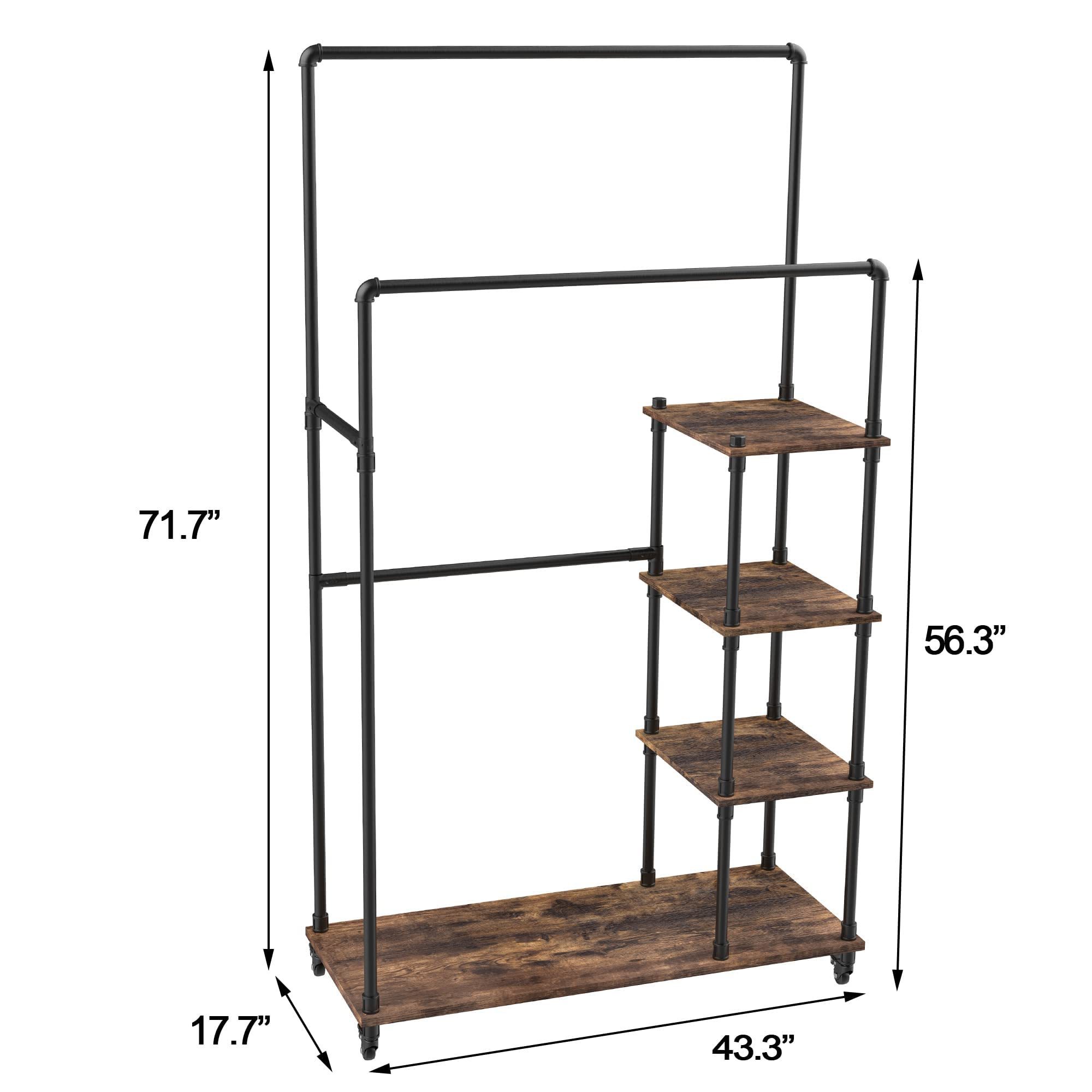 Clothes Rack with Shelves on Wheels Heavy Duty Garment Rack Double Rod Freestanding Rolling Clothing Rack for Hanging Clothes