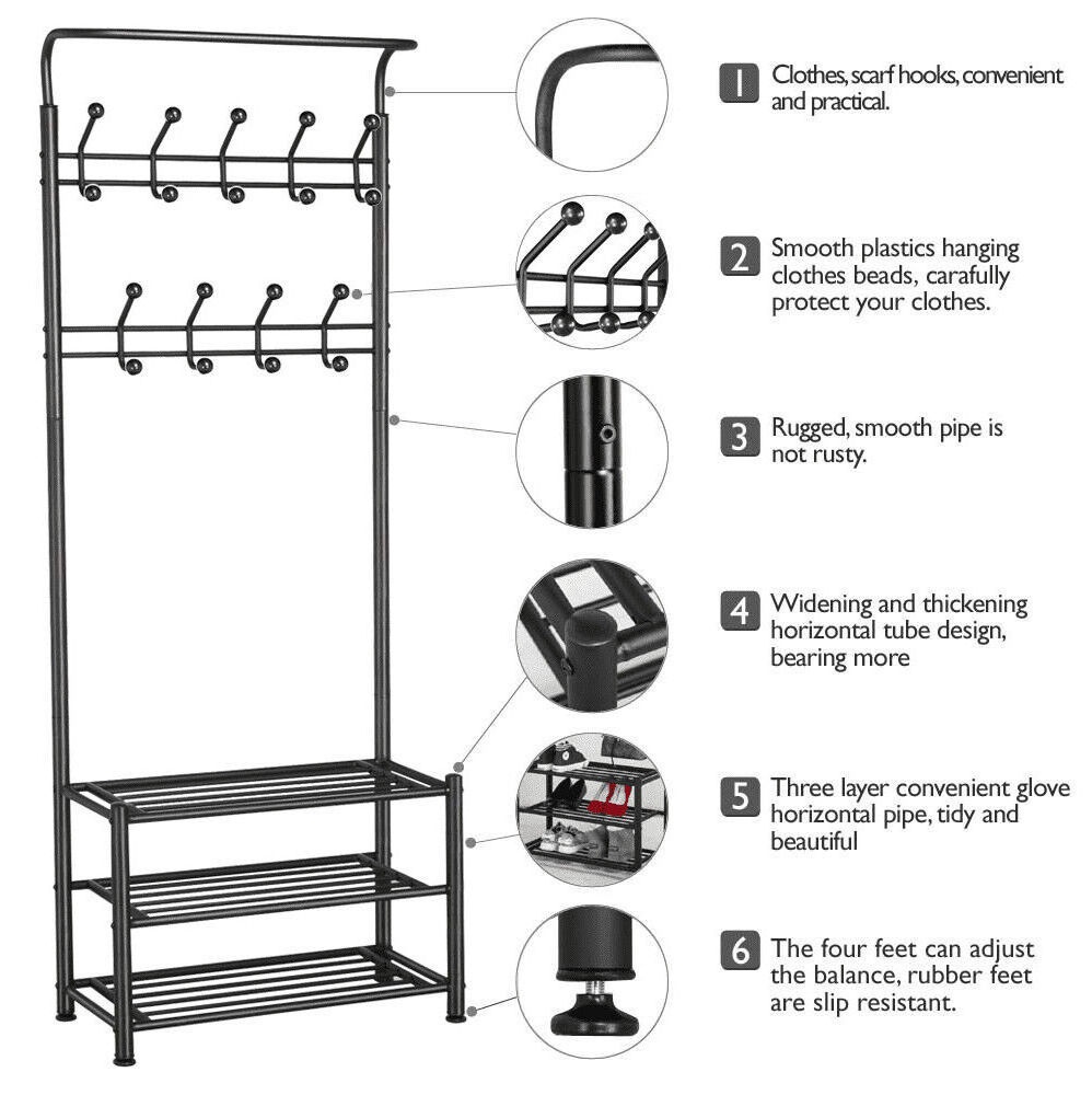 Coat Shoe Rack Hat Racks Metal Coat  Rack and Hat Clothes Tree Stand Hanger Hall Tree Entryway Storage Shelf with Hooks