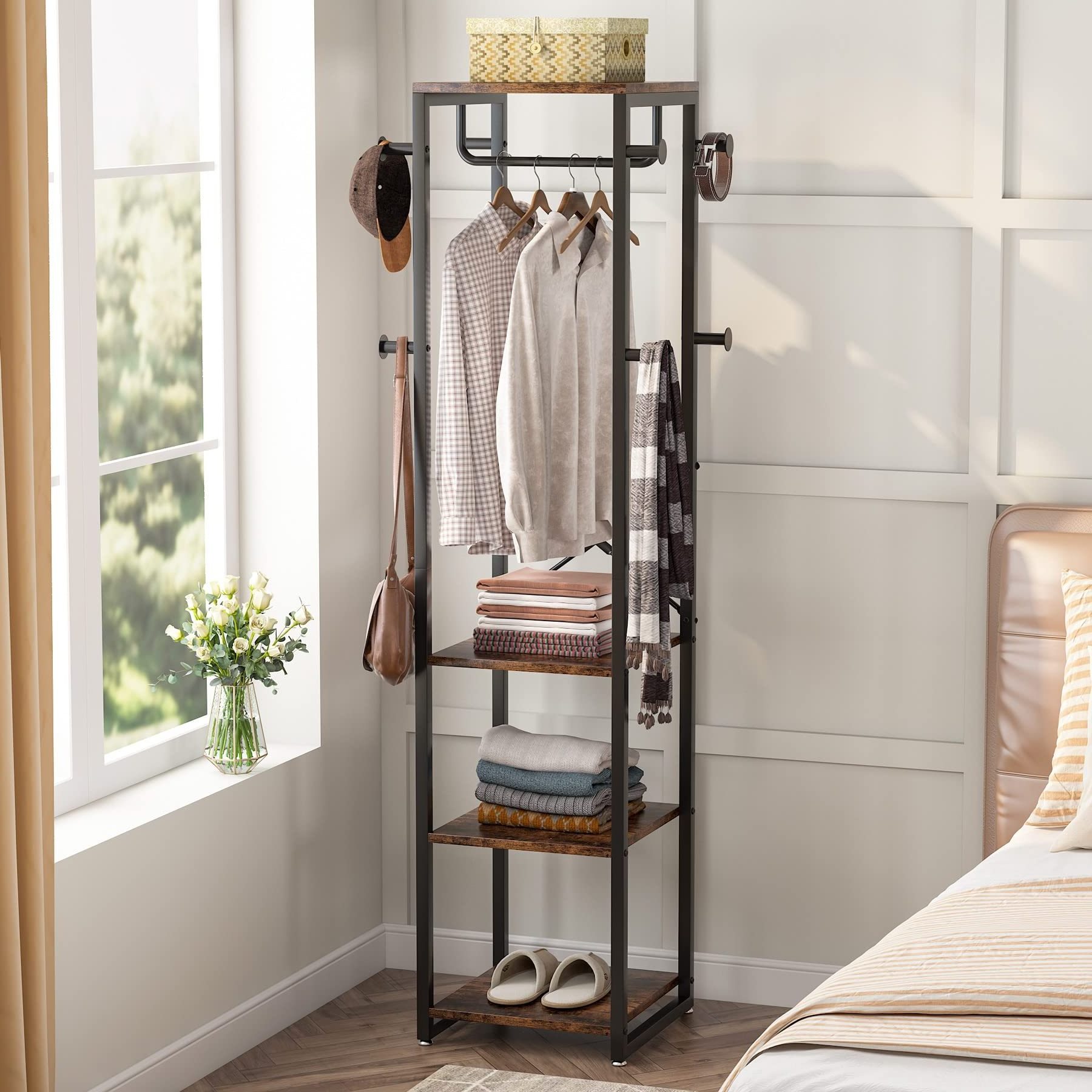 Coat Rack Freestanding with Shelves Industrial Hall Tree with 4 Shelves and 8 Hooks