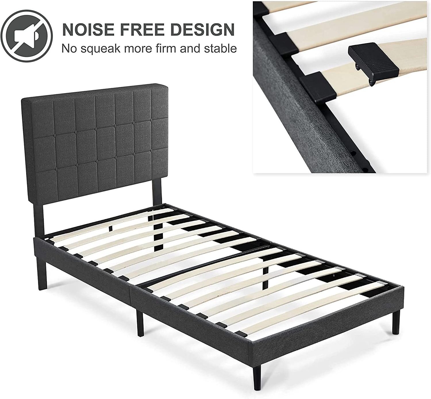 Twin Bed with Upholstered Headboard, Platform Bed Frame with Sturdy Wood Slat Support, Single Bed