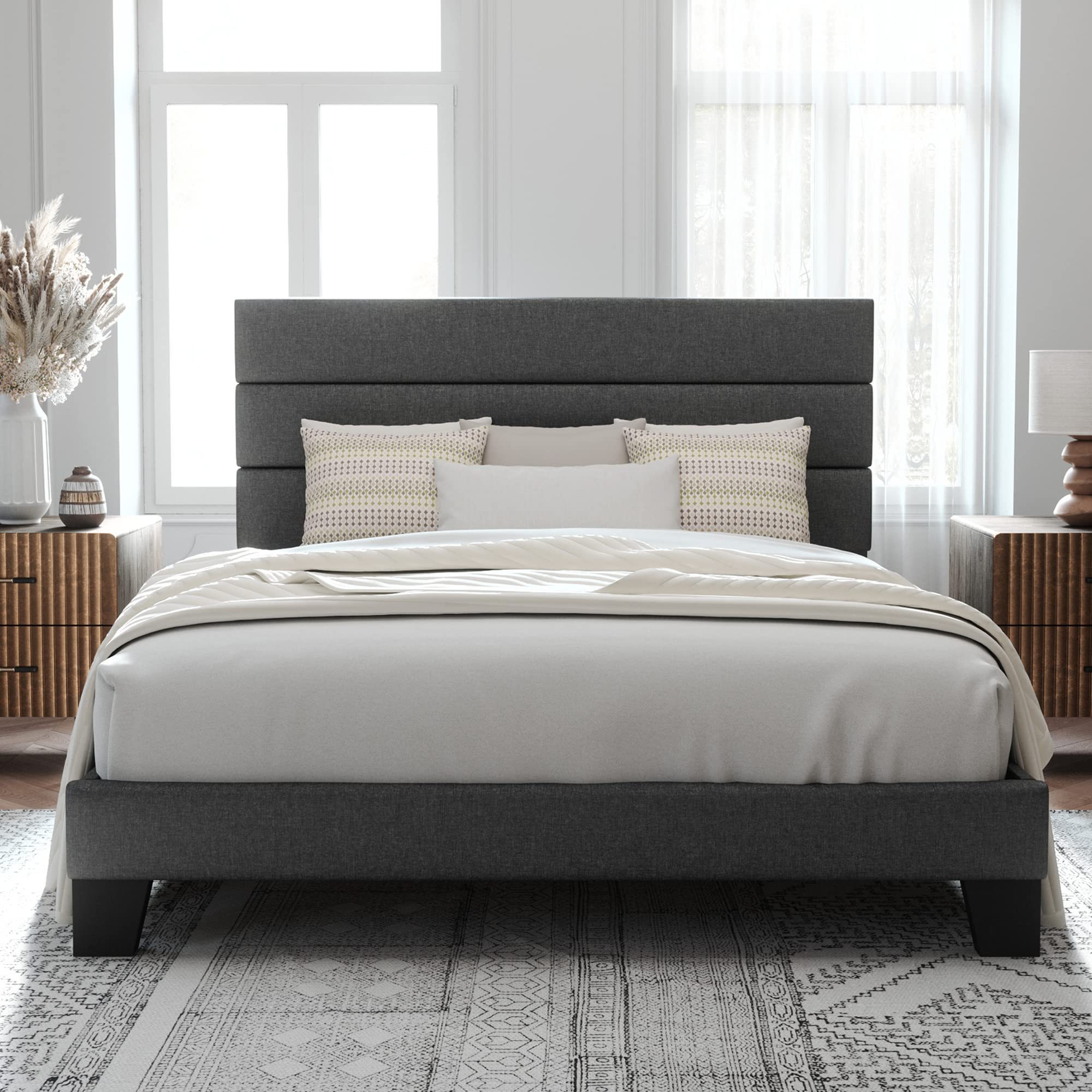 Bed Frame with Storage Headboard & Footboard Upholstered Platform Bed with USB Ports & Outlets Strong Steel Slats Support