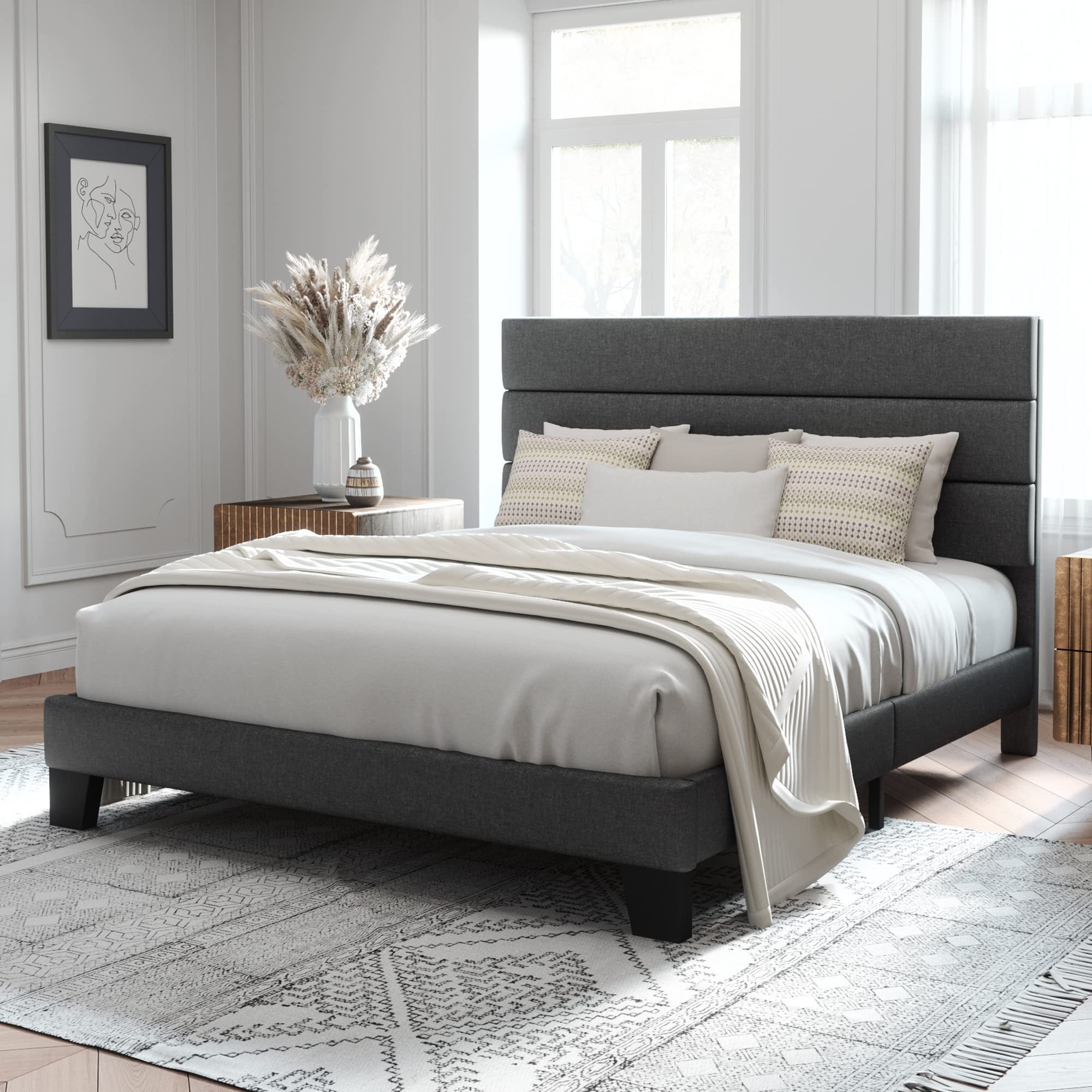 Bed Frame with Storage Headboard & Footboard Upholstered Platform Bed with USB Ports & Outlets Strong Steel Slats Support