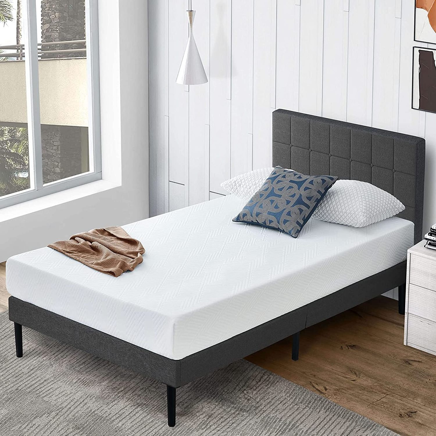 Twin Bed with Upholstered Headboard, Platform Bed Frame with Sturdy Wood Slat Support, Single Bed