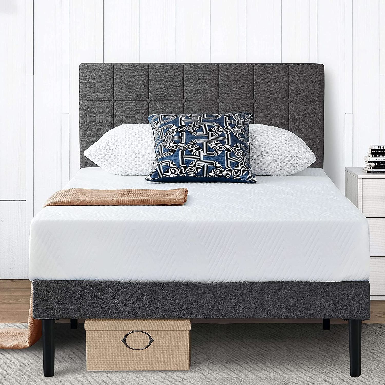 Twin Bed with Upholstered Headboard, Platform Bed Frame with Sturdy Wood Slat Support, Single Bed