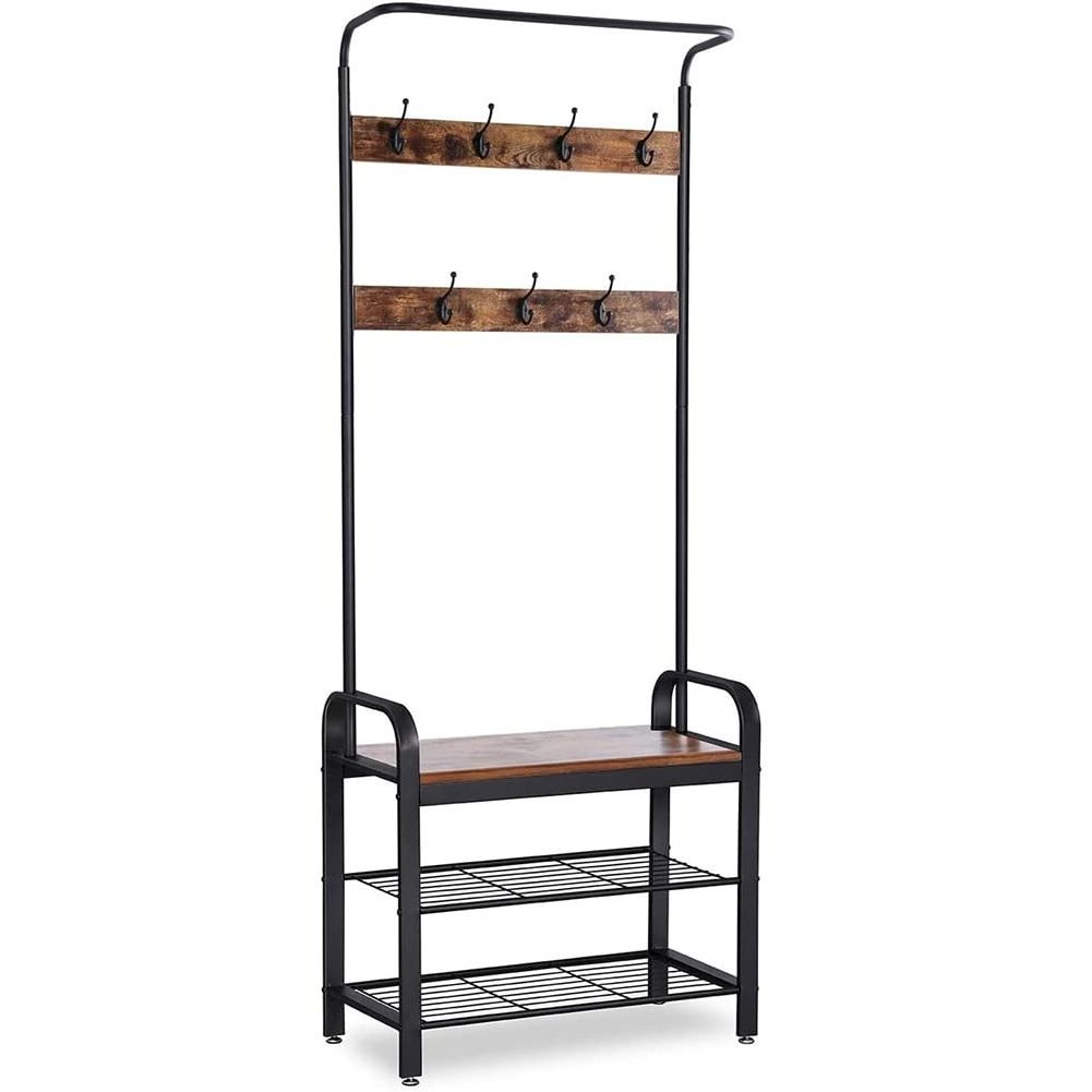 Industrial Hall Tree Shoe Bench Entryway Home Storage Shelf Entryway Storage Shelf with Hooks  Coat Rack Shoe Bench