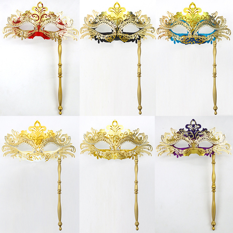 Masquerade Metal Mask with Holding Stick Venetian Halloween Party Crystal Half Mask Mardi Gras Handle Eye Masks for Women