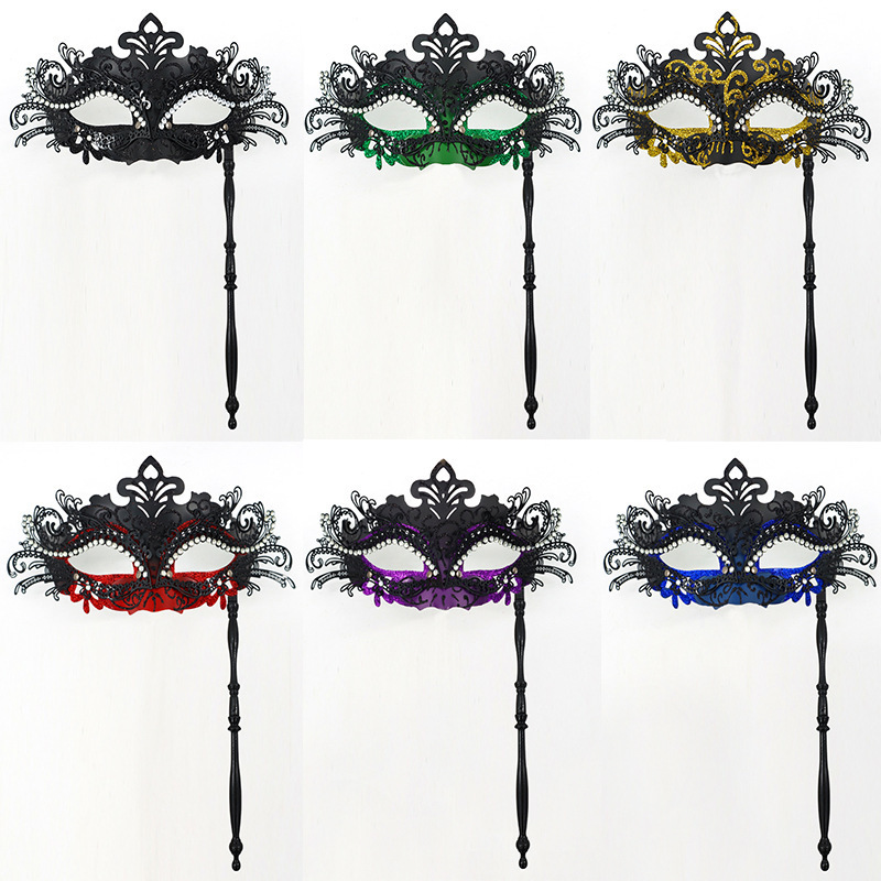 Masquerade Metal Mask with Holding Stick Venetian Halloween Party Crystal Half Mask Mardi Gras Handle Eye Masks for Women